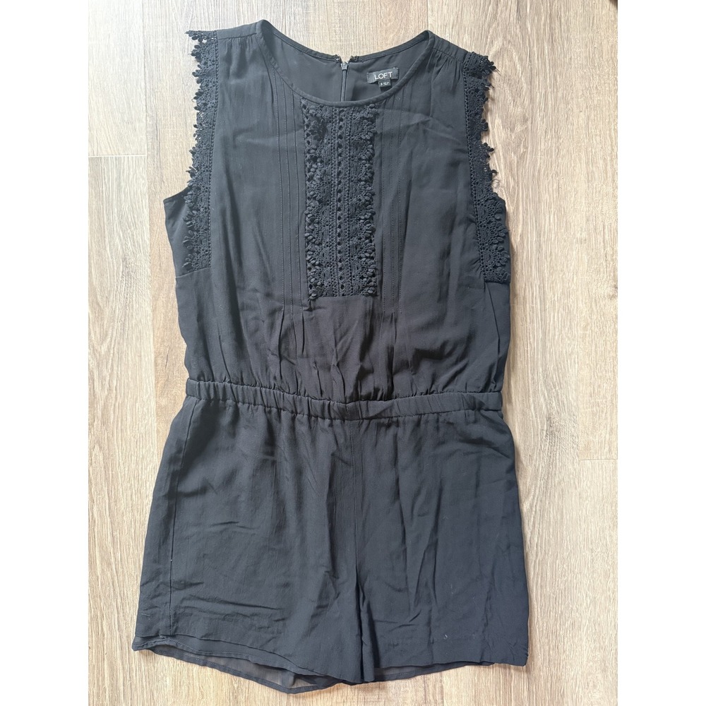 LOFT Womens Black Crochet Lace Pintuck Sleeveless Romper